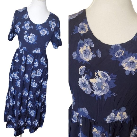 Vintage 90s Small‎ Blue Floral Babydoll Midi Dress Tieback Shortsleeve Button Up - Picture 7 of 10